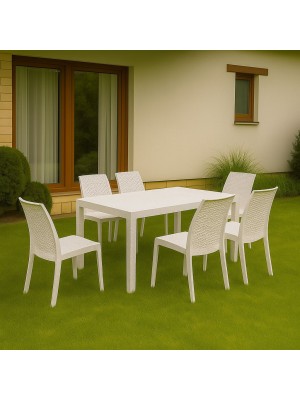 Vista ambientata set pranzo tavolo huston 150x90 con 6 sedie senza braccioli virginia in polipropilene colore bianco