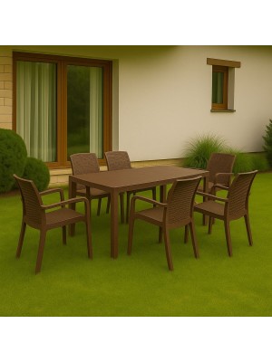 Vista ambientata set pranzo tavolo houston 150x90 con 6 sedie indiana con braccioli in polipropilene colore marrone Totò Piccinni