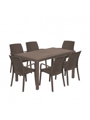 set pranzo tavolo houston 150x90 con 6 sedie indiana con braccioli in polipropilene colore marrone Totò Piccinni
