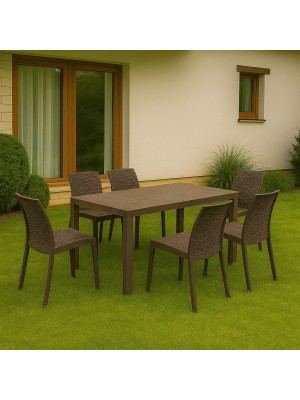 Vista ambientata set pranzo tavolo houston 150x90 con 6 sedie senza braccioli virginia in polipropilene colore marrone