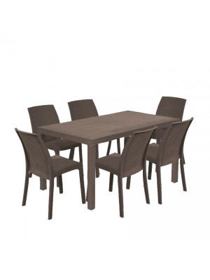 set pranzo tavolo houston 150x90 con 6 sedie senza braccioli virginia in polipropilene colore marrone