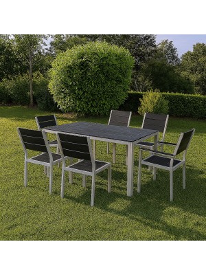 set pranzo tavolo messico 158x78 con 4 sedie senza braccioli, 2 con braccioli messico con struttura in metallo e polietilene effetto legno colore grafite