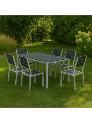 Vista ambientata set pranzo tavolo messico 158x78 con 6 sedie senza braccioli messico con struttura in metallo e polietilene effetto legno colore grafite