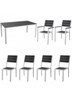 set pranzo tavolo messico 158x78 con 4 sedie senza braccioli, 2 con braccioli messico con struttura in metallo e polietilene effetto legno colore grafite