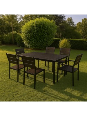 Vista ambientata set pranzo tavolo messico 158x78 con 4 sedie senza braccioli, 2 con braccioli messico con struttura in metallo e polietilene effetto legno colore marrone