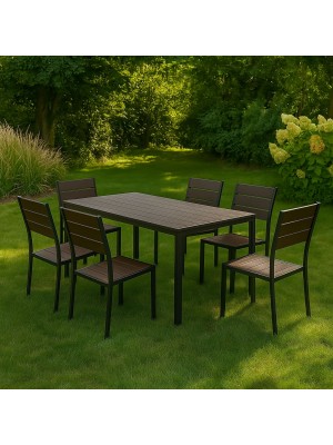 Vista ambientata set pranzo tavolo messico 158x78 con 6 sedie senza braccioli messico con struttura in metallo e polietilene effetto legno colore marrone