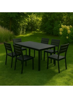 Vista ambientata set pranzo tavolo messico 158x78 con 6 sedie senza braccioli messico con struttura in metallo e polietilene effetto legno colore nero