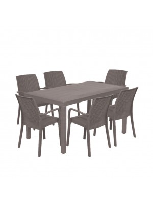 set pranzo tavolo houston 150x90 con 6 sedie indiana con braccioli in polipropilene colore tortora
