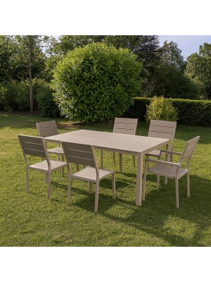 Vista ambientata set pranzo tavolo messico 158x78 con 4 sedie senza braccioli, 2 con braccioli messico con struttura in metallo e polietilene effetto legno colore tortora