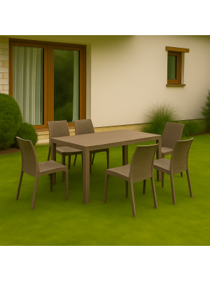 Vista ambientata set pranzo tavolo huston 150x90 con 6 sedie senza braccioli virginia in polipropilene colore tortora