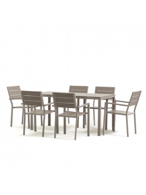 set pranzo tavolo messico 158x78 con 6 sedie con braccioli messico struttura in metallo e polietilene effetto legno colore tortora