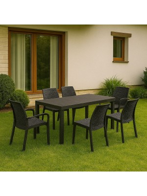 Ambientata set pranzo tavolo huston 150x90 con 4 sedie senza braccioli e 2 con braccioli in polipropilene 