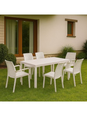 Vista ambientata set pranzo tavolo huston 150x90 con 4 sedie senza braccioli e 2 con braccioli in polipropilene colore bianco