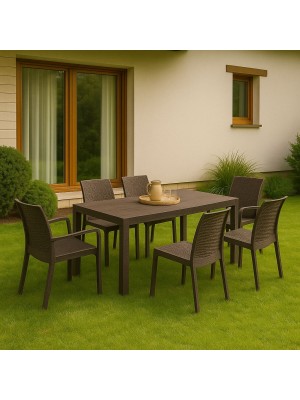 Vista ambientata set pranzo tavolo huston 150x90 con 4 sedie senza braccioli e 2 con braccioli in polipropilene colore marrone