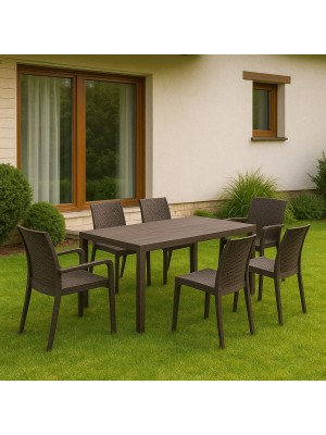 Vista ambientata set pranzo tavolo huston 150x90 con 4 sedie senza braccioli e 2 con braccioli in polipropilene colore tortora