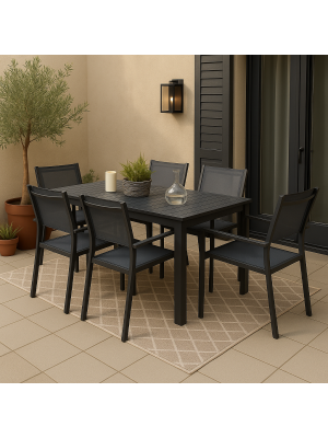 Vista ambientata Set Pranzo tavolo allungabile 160/240 in alluminio colore Antracite con 6 sedie con braccioli  modello Linosa Totò Piccinni