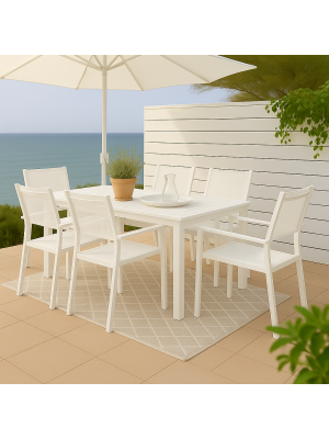 Vista ambientata Set pranzo tavolo allungabile 160/240 in alluminio colore Bianco con 6 sedie con braccioli modello Linosa Totò Piccinni