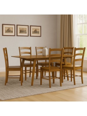 Vista ambientata set tavolino in legno allungabile Ester 120/160 con sedie in legno Veneta colore Noce Totò Piccinni