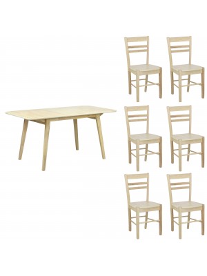 set tavolo in legno allungabile Ester 120/160 con 6 sedie Petra colore Rovere Naturale Totò Piccinni
