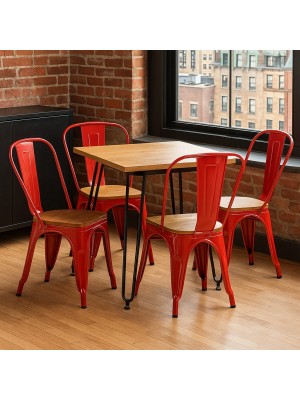 Vista ambientata Set da giardino in metallo con sedie con seduta in legno colore Rosso design industriale Totò Piccinni