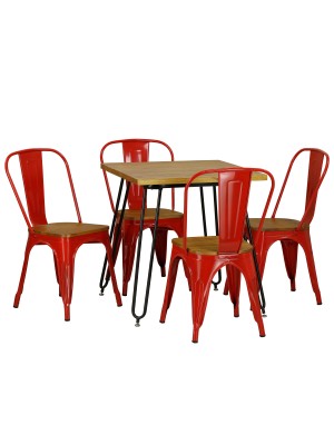 Set Tavolo e Sedia Industry in Metallo con SEDUTA in LEGNO e schienale Design Industriale (Rosso)