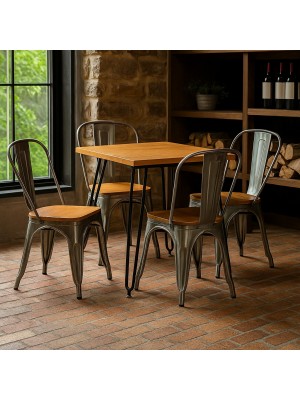 Vista ambientata Set da giardino in metallo con sedie con seduta in legno colore Silver design industriale Totò Piccinni