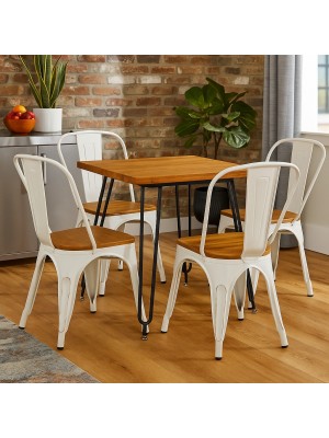 Vista ambientata Set da giardino in metallo con sedie con seduta in legno colore Vintage Bianco design industriale Totò Piccinni