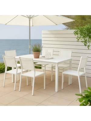 Vista ambientata Set pranzo da esterno con tavolo allungabile in alluminio 160/240 colore Bianco con 6 sedie senza braccioli modello Linosa Totò Piccinni