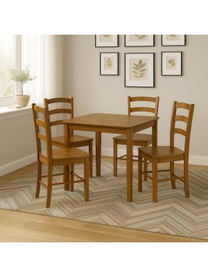 Vista ambientata set tavolo in legno Teo 75 con sedie in legno Veneta colore Noce Totò Piccinni