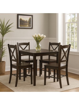 Vista ambientata set tavolo Teo 75 e 4 sedie kit Creta colore Wengé Totò Piccinni