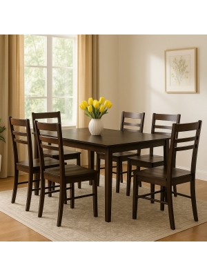 Vista ambientata set tavolo in legno Teo 110 con 6 sedie in legno Petra colore Wengé Totò Piccinni