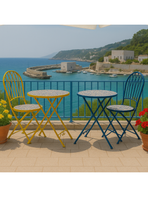 Set pieghevole con 2 sedie e tavolino con maioliche colore Blu modello Capri Totò Piccinni