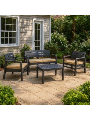 Vista ambientata Salottino design moderno da giardino divano 2 poltrone e tavolino colore Antracite modello Java Totò Piccinni