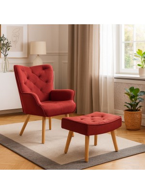 Vista ambientata Poltrona con sgabello colore Bordeaux con gambe in legno modello Siesta Totò Piccinni
