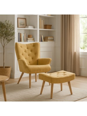 Vista ambientata Poltrona con sgabello colore Giallo con gambe in legno modello Siesta Totò Piccinni