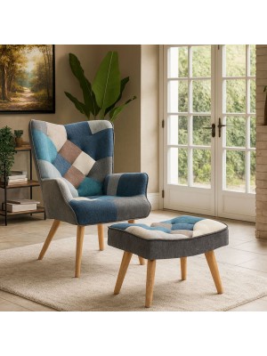 Vista ambientata Poltrona con sgabello colore Patchwork Moon con gambe in legno modello Siesta Totò Piccinni