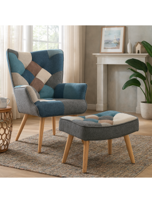 Vista ambientata Poltrona con sgabello colore Patchwork Moon con gambe in legno modello Siesta Totò Piccinni