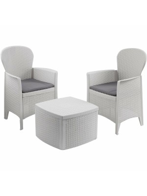 Set TREE Salottino da giardino per terrazzo in plastica effetto Rattan poltrone e tavolino (Bianco)