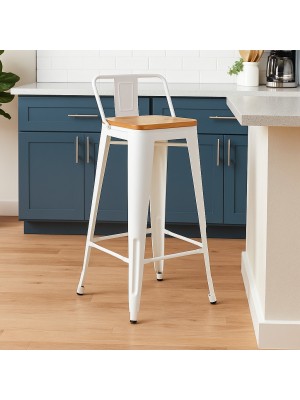 Visa ambientata Sgabello Alto con schienale e poggiapiedi colore vintage bianco design industriale - Industry Totò Piccinni vista obliqua