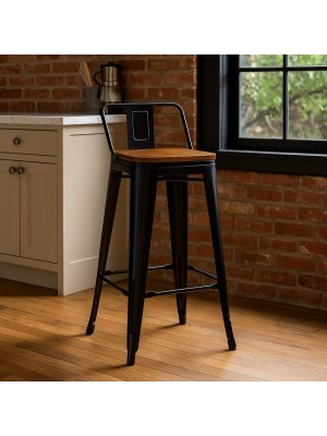 Vista ambientata Sgabello Alto con schienale e poggiapiedi colore vintage nero design industriale - Industry Totò Piccinni vista obliqua