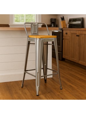 Vista ambientata Sgabello Alto con schienale e poggiapiedi colore silver design industriale - Industry Totò Piccinni vista obliqua