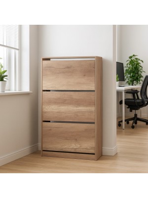 Vista ambientata Scarpiera in legno colore Rovere con 3 ante a ribalta con doppio scompartimento Totò Piccinni