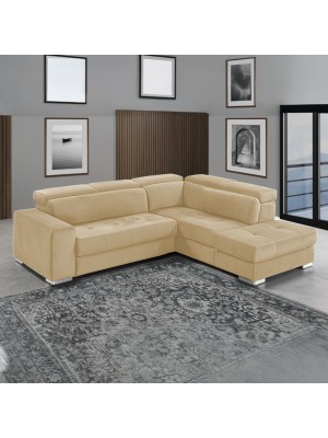 Divano letto angolare 3 Posti Effetto nabuk Light Camel con penisola a destra e pouf contenitore modello Silvia Totò Piccinni