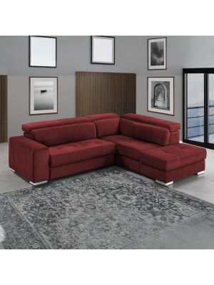 Divano letto angolare 3 Posti Tessuto Bordeaux con penisola a destra e pouf contenitore modello Silvia Totò Piccinni