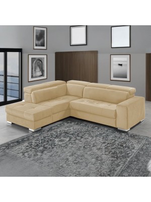 Divano letto angolare 3 Posti Effetto nabuk Light Camel con penisola a sinistra e pouf contenitore modello Silvia Totò Piccinni