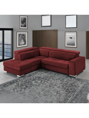 Divano letto angolare 3 Posti Tessuto Bordeaux con penisola a sinistra e pouf contenitore modello Silvia Totò Piccinni