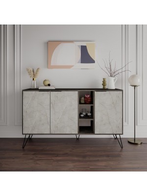 madia in legno tre ante e tre vani rovere fumo/effetto marmo bianco