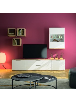 parete tv 240 2 ante 2 ribalte e cubi in legno bianco laccato/rovere riviera modello Orbis Totò Piccinni