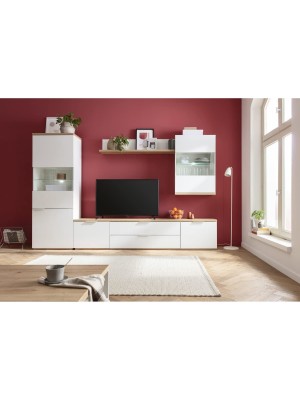 parete tv moderna 5 ante 2 ribalte 2 mensola in legno bianco laccato/rovere riviera modello Orbis Totò Piccinni