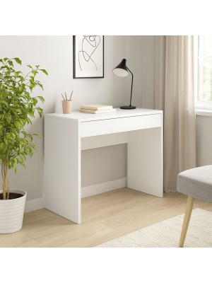Vista ambientata scrivania consolle moderna in legno colore Bianco Lucido con cassetto Totò Piccinni
